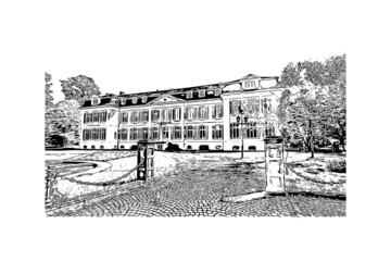 Building view with landmark of Leverkusen is the 
city in Germany. Hand drawn sketch illustration in vector.