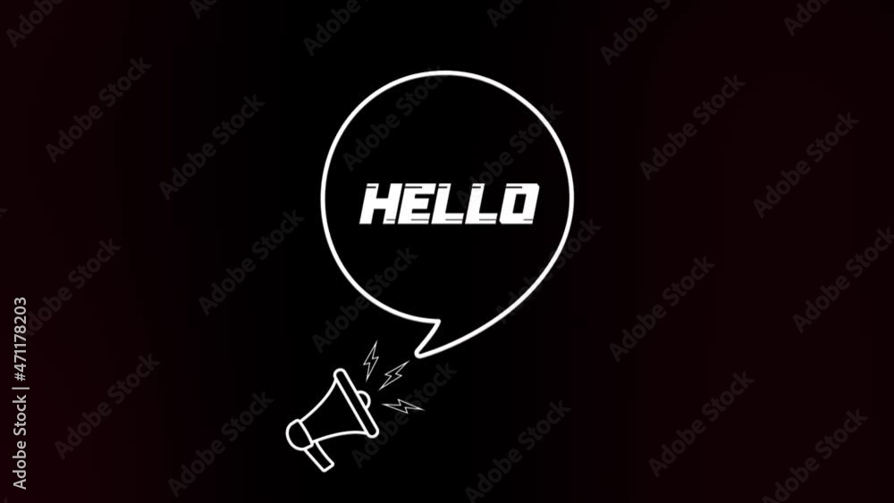 Aufkleber Megaphone with speech bubble and hello text on old tv glitch interference screen. Animation of retro Hello text. 4K video motion graphic