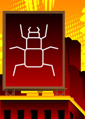 Computer virus sign on a billboard atop a building. Advertising in the city. Large banner on roof top of a brick architecture. Trojan, online network, Internet security icon.