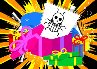 Opened gift box with white paper and Computer virus sign. Christmas, New Year or Birthday present. Trojan, online network, Internet security icon.