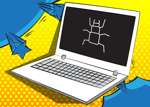 Laptop with Computer virus sign on the screen. Vector cartoon illustration. Trojan, online network, Internet security icon.