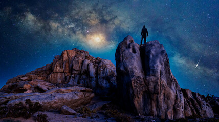 silhouette of a person standing on the rock at night with Milky Way background
 - Powered by Adobe