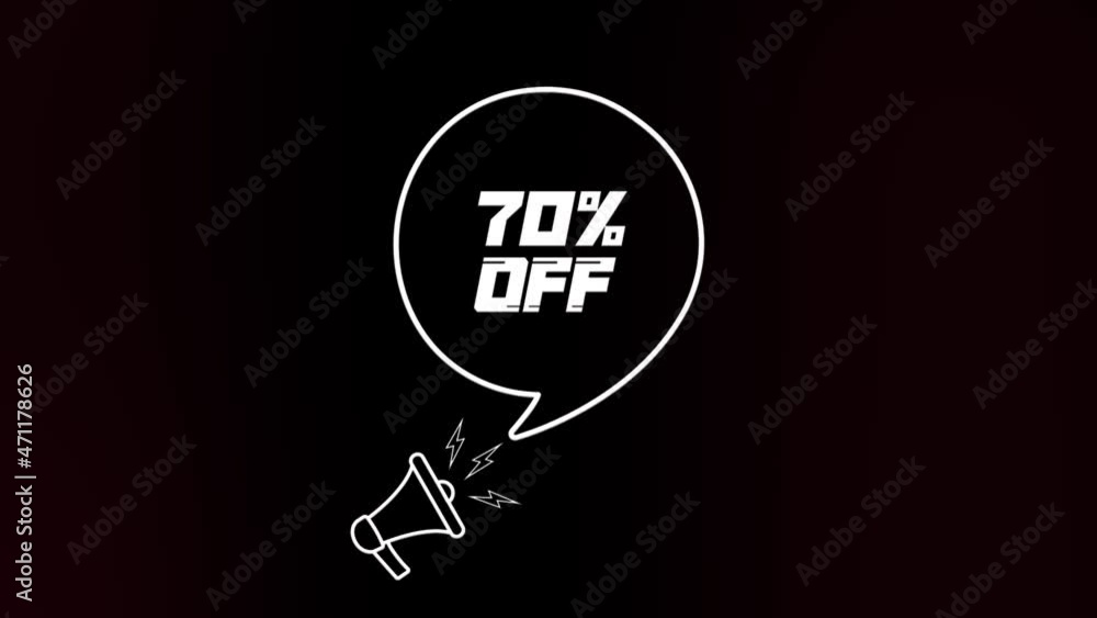 Poster megaphone with speech bubble and the 70 percent off text on old tv glitch interference screen. anima