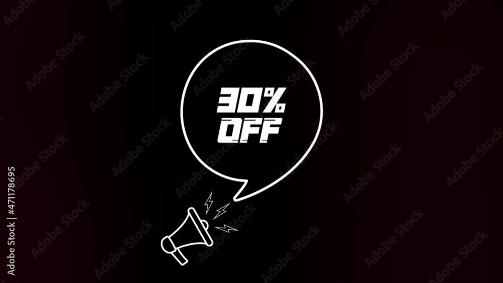 Poster megaphone with speech bubble and the 30 percent off text on old tv glitch interference screen. anima