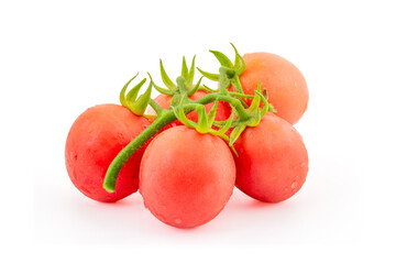 Closeup of ripe red tomato branch on white background.