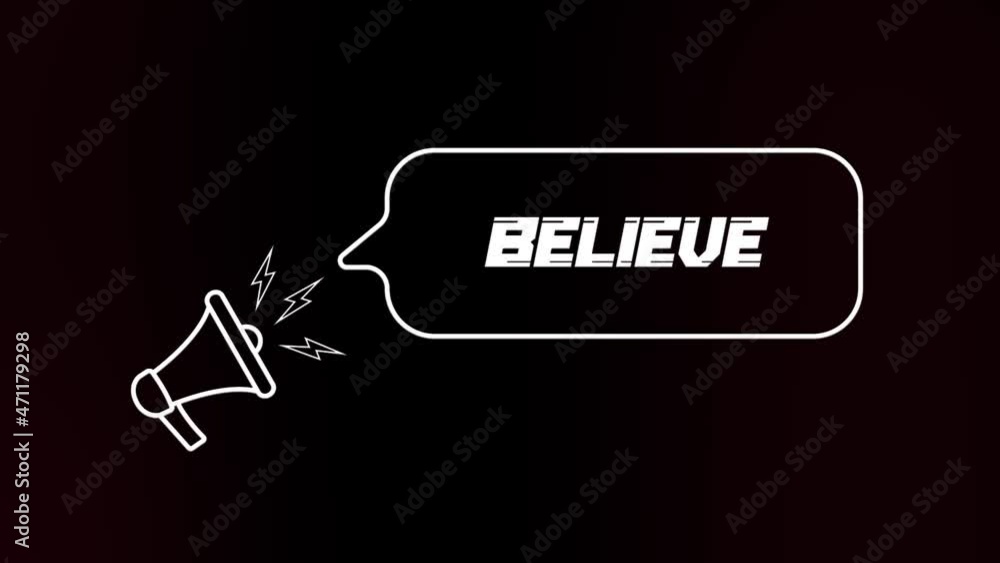 Aufkleber Megaphone with speech bubble and believe text on old tv glitch interference screen. Animation of retro Believe text. 4K video motion graphic