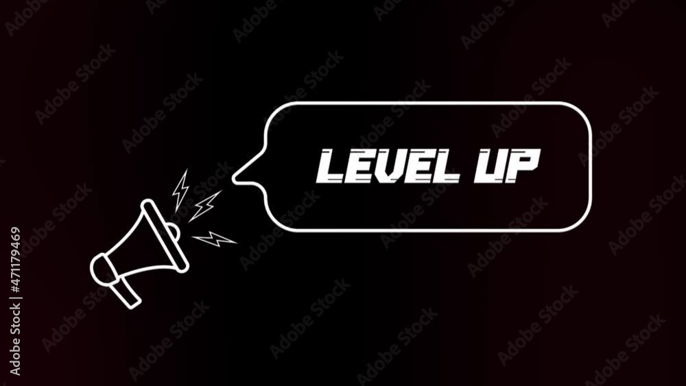 Aufkleber Megaphone with speech bubble and the Level up text on old tv glitch interference screen. Animation of retro level up text. 4K video motion graphic