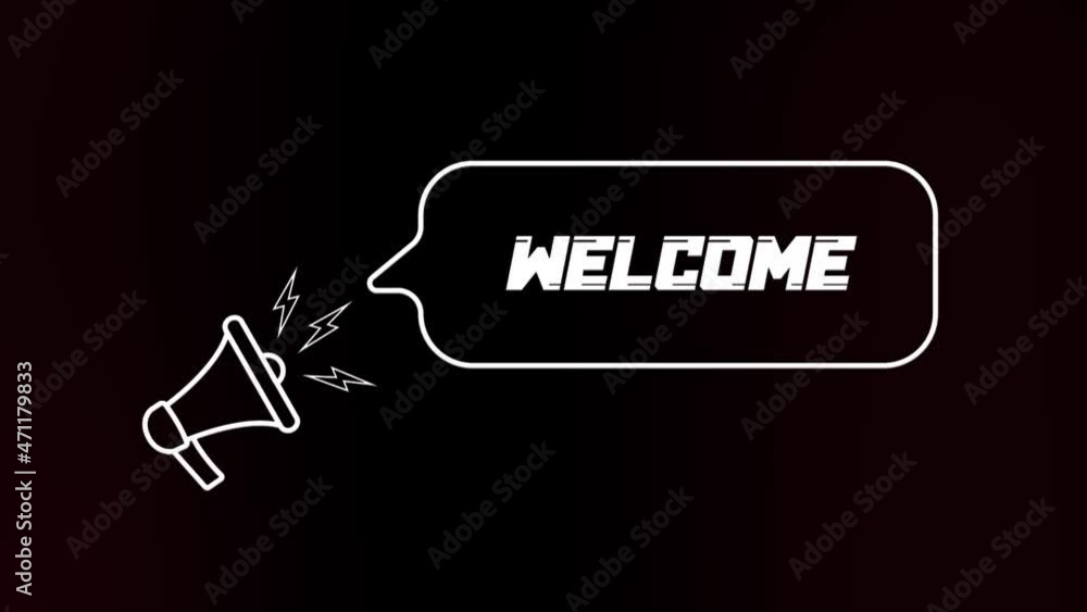 Poster Megaphone with speech bubble and the Welcome text on old tv glitch interference screen. Animation of retro welcome text. 4K video motion graphic