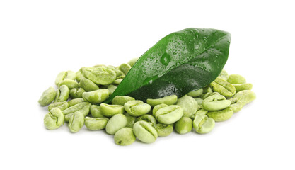 Green coffee beans and fresh leaf on white background