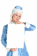 Beautiful girl in a Snow Maiden costume with a blank white poster in her hands on a white background, a template for New Year advertising