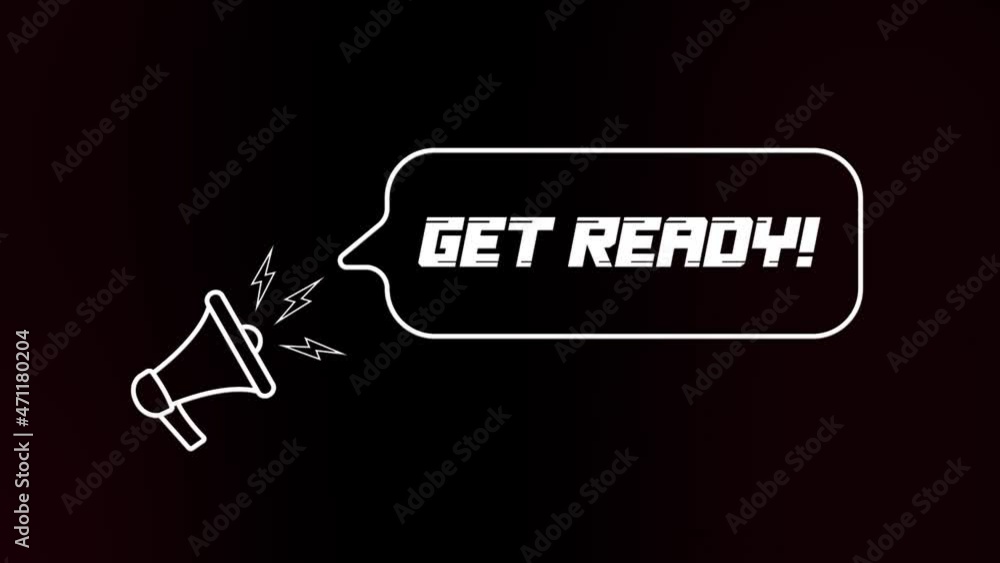 Poster Megaphone with speech bubble and the Get ready text on old tv glitch interference screen. Animation of retro get ready text. 4K video motion graphic