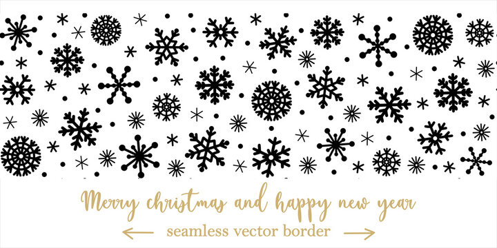Snowflakes seamless vector border. Horizontal hand-drawn illustration. Isolated snowfall sketch on a white background. Monochrome crystals of ice. Festive concept for decoration, design.