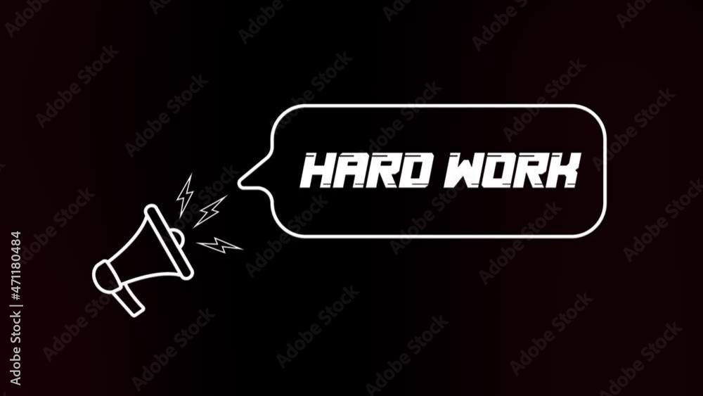 Poster Megaphone with speech bubble and the Hard work text on old tv glitch interference screen. Animation of retro hard work text. 4K video motion graphic
