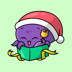 A CUTE PURPLE OCTOPUS IS COMING OUT FROM A BIG PRESENT BOX.