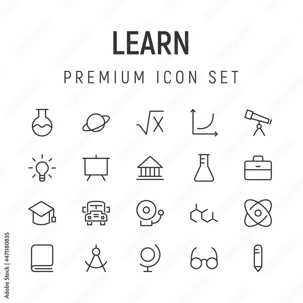 Poster simple line set of learn icons.