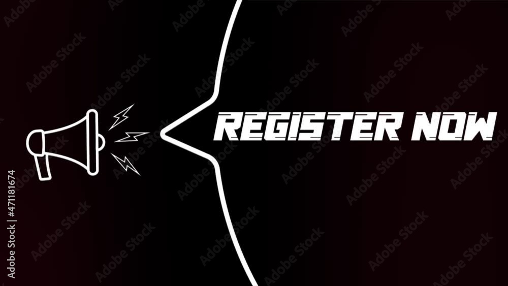 Poster Megaphone with speech bubble and Register now text on old tv glitch interference screen. Animation of retro register now text. 4K video motion graphic