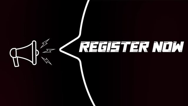 Megaphone with speech bubble and Register now text on old tv glitch interference screen. Animation of retro register now text. 4K video motion graphic