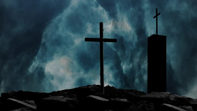 two crosses silhouette on the mountain