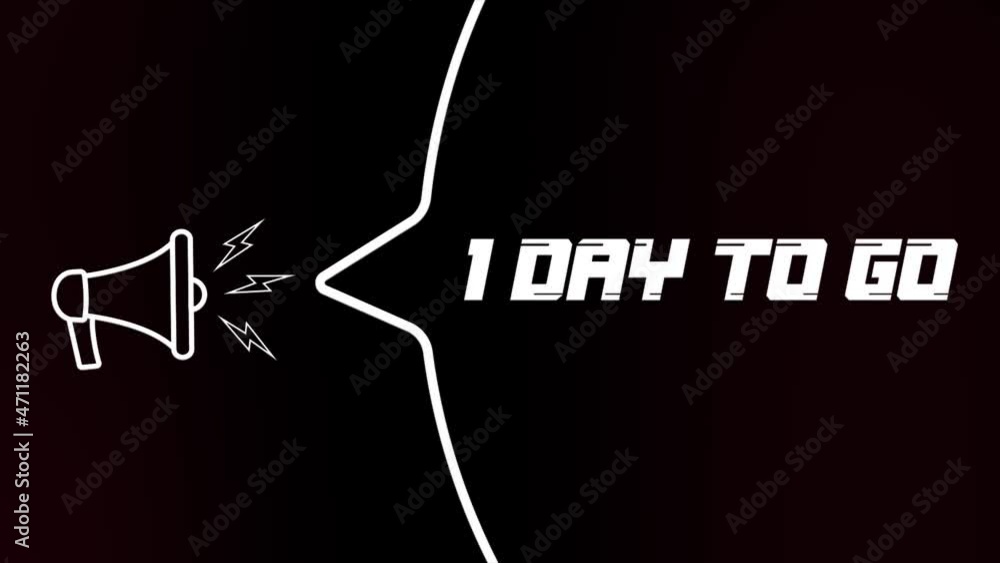 Poster megaphone with speech bubble and 1 day to go text on old tv glitch interference screen. animation of
