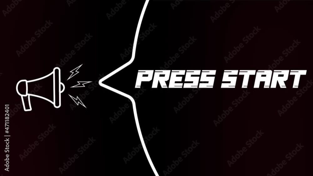 Poster Megaphone with speech bubble and the Press start text on old tv glitch interference screen. Animation of retro press start text. 4K video motion graphic