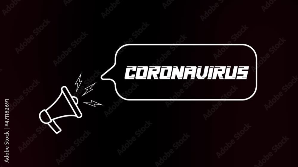 Poster Megaphone with speech bubble and the Coronavirus text on old tv glitch interference screen. Animation of retro coronavirus text. 4K video motion graphic