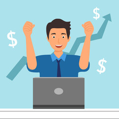 Success businessman get money from stock trading in flat design. High profit investment concept. 