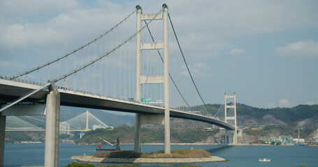 Tsing Ma Suspension bridge in Hong Kong city