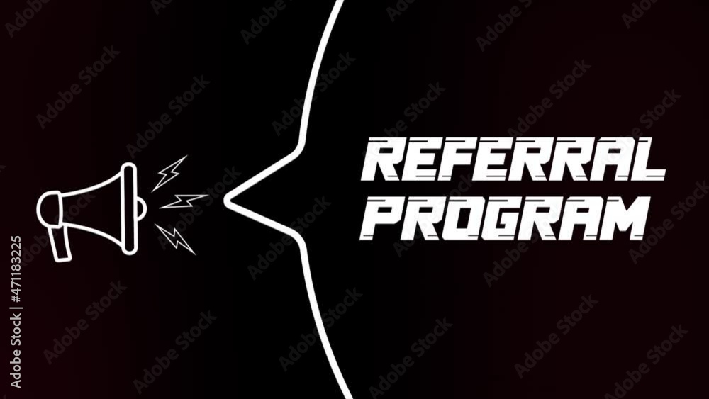 Poster Megaphone with speech bubble and Referral program text on old tv glitch interference screen. Animation of retro referral program text. 4K video motion graphic