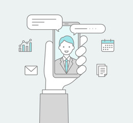 スマートフォンを持つ手とビデオ通話する男性の線画アイコン