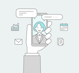 スマートフォンを持つ手とビデオ通話する女性の線画アイコン