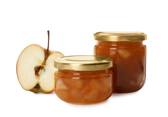 Tasty apple jam in glass jars and fresh fruit on white background