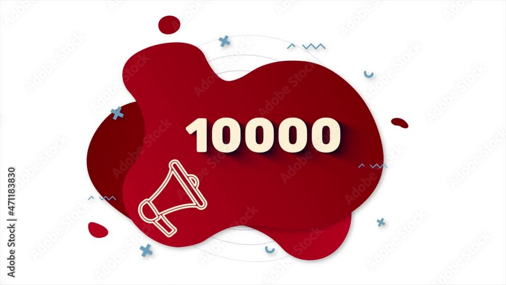 Leinwandbilder Megaphone with number 10K. 10000 subscribers text. Memphis style banner with abstract geometric shapes on red background. 4K video motion graphic