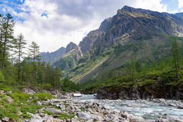 The beautiful valley of the Middle Sakukan river against the bac, Kodar National Park.