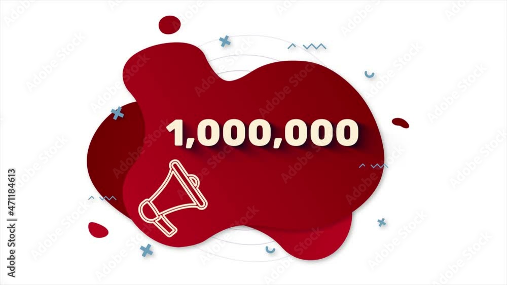 Poster Megaphone with number one million. 1000000 subscribers text. Memphis style banner with abstract geometric shapes on red background. 4K video motion graphic