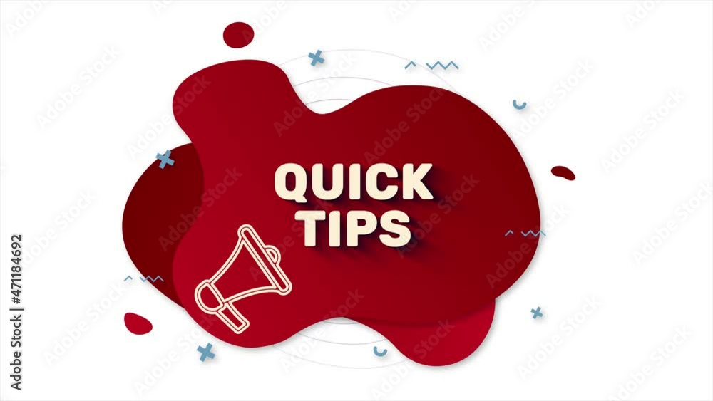 Fototapete Megaphone with text Quick tips. Memphis style banner with abstract geometric shapes on red background. Banner and outline round elements with megaphone. 4K video motion graphic