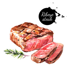 Watercolor ribeye steak. Isolated food illustration on white background