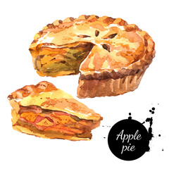 Watercolor homemade organic apple pie dessert. Isolated food illustration on white background - obrazy, fototapety, plakaty
