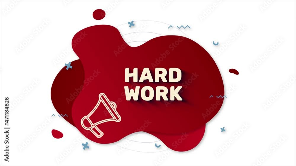 Poster Megaphone with text Hard work. Memphis style banner with abstract geometric shapes on red background. Banner and outline round elements with megaphone. 4K video motion graphic