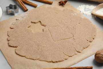 Homemade Christmas cookies. Raw dough on table, closeup