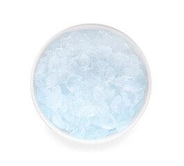 Crushed ice in bowl on white background, top view