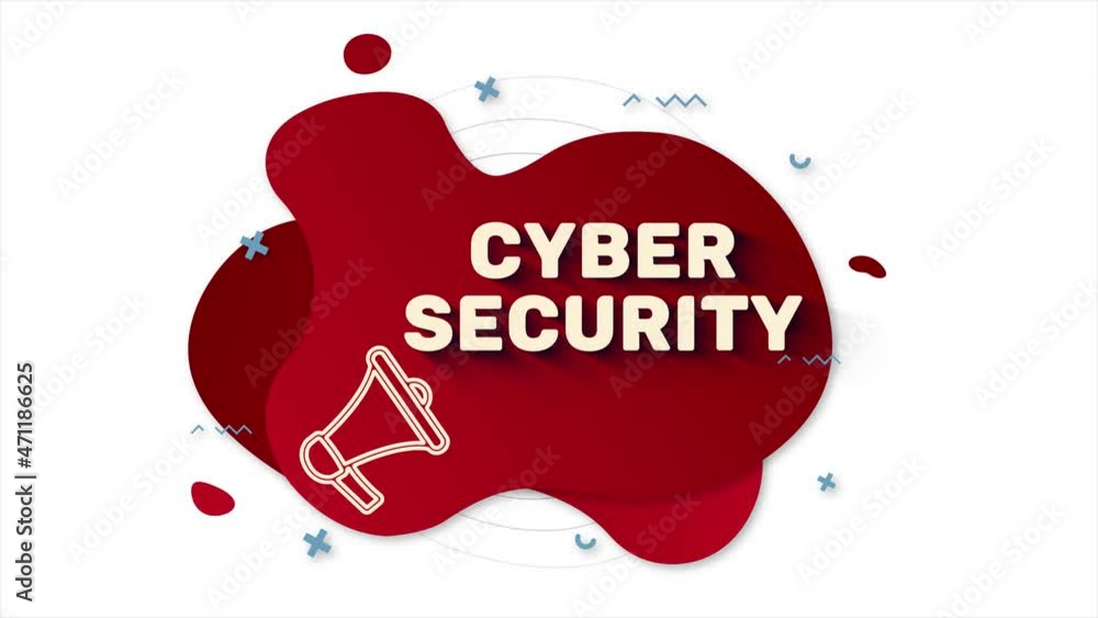 Poster Megaphone with text Cyber security. Memphis style banner with abstract geometric shapes on red background. Banner and outline round elements with megaphone. 4K video motion graphic