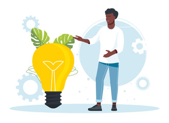 African man stands by a large light bulb. Business idea concept isolated. Creation, implementation of business innovations. Vector illustration. Implementation, integration of innovative ideas concept