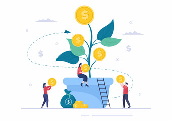 Money Tree of Financial Business Investment Profit Flat Design Vector Illustration with Dollar Banknotes and Golden Coins for Poster or Background