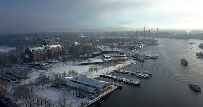 Aerial View Of Boats Sailing At Ladugardslandsviken Bay With Nordic And Vasa Museum In Stockholm, Sweden.