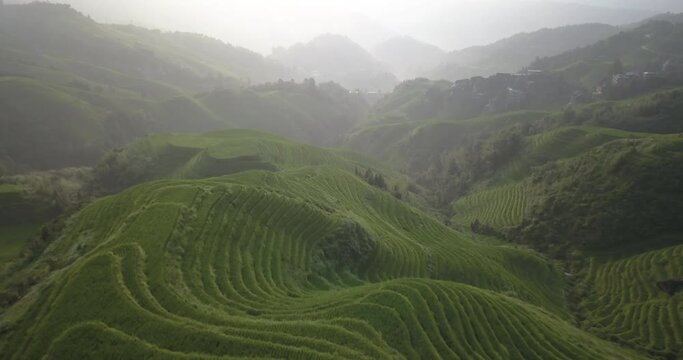 Aerial View Green Rice Terraces In Dazhai, Guangxi, China On A Misty Morning.