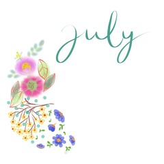 Floral greeting card with flowers and calendar of July month. Hand drawn to watercolor brush.