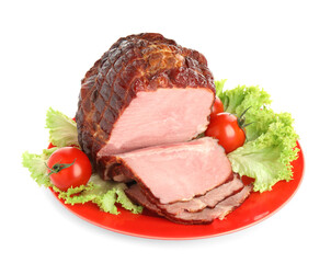 Plate with delicious ham, lettuce and tomatoes isolated on white