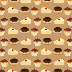 Pattern sweet desserts slice cake and cupcakes vector style