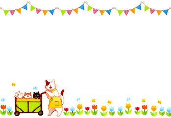 お散歩カーに乗る園児たちのテンプレート素材　ユニークな猫の擬人化イラスト　かわいい手描きイラスト