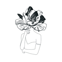Abstract Minimalistic Woman Figure With Flowers. Fashion Sensual Vector Illustration Of Female Body In Trendy Linear Style. Design for t-shirts print, poster, tattoo, logo. 